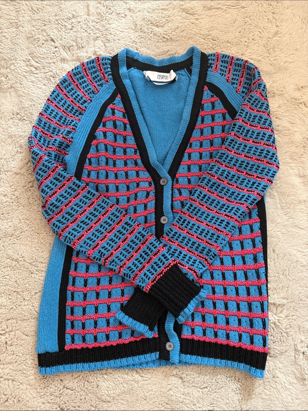 Prabal Gurung Blue, Pink and Black Grid Knit Cardigan